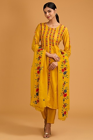 Mustard Yellow Bamberg Silk Pearl Embroidered Kurta Set by Baidehi
