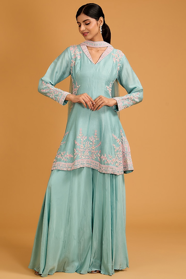 Powder Blue Crepe Sharara Set by Baidehi at Pernia's Pop Up Shop