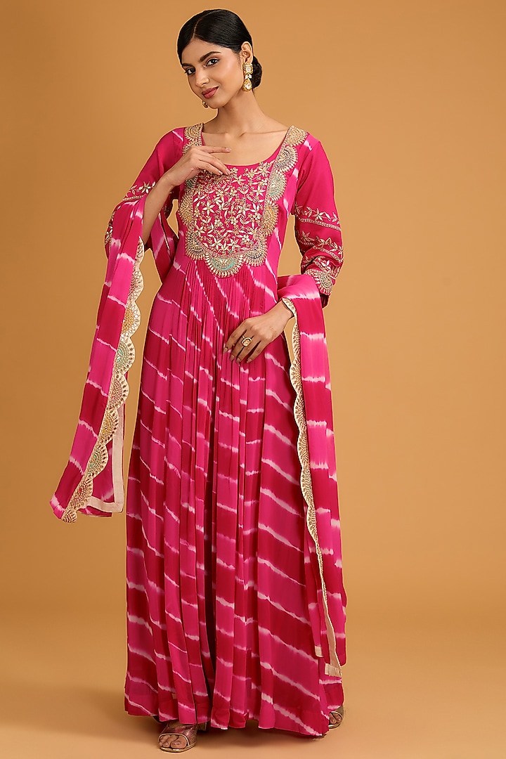 Fuchsia Pink Georgette Thread Embroidered Anarkali Set by Baidehi