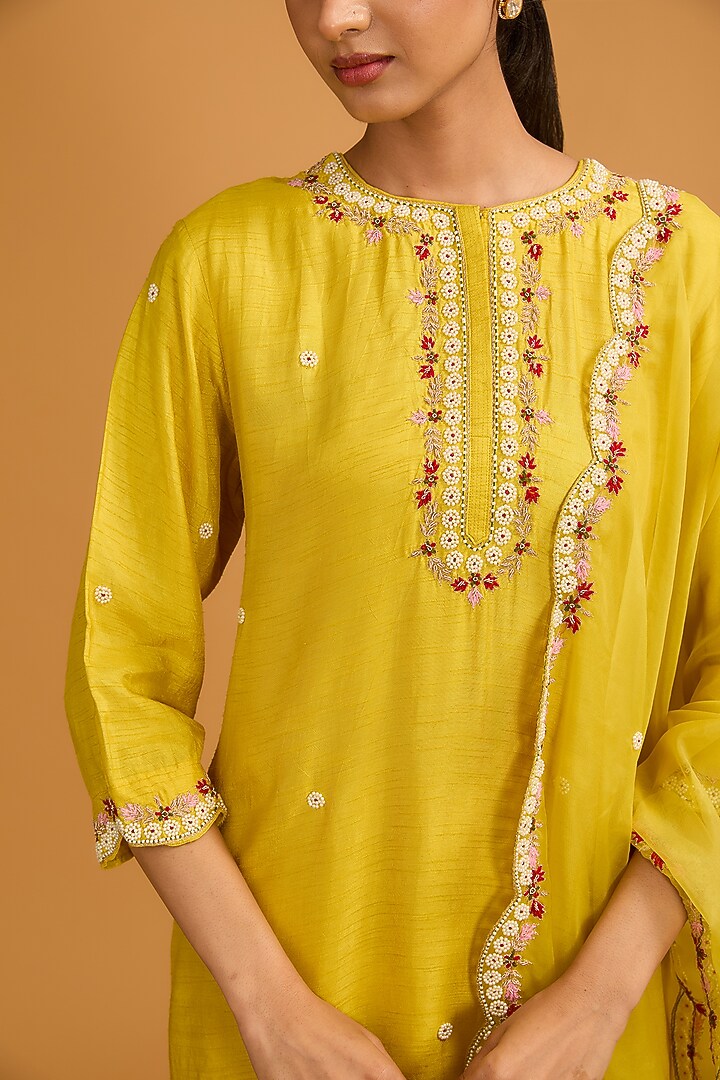 Yellow Dola Silk Zari Embroidered Straight Kurta Set by Baidehi at Pernia's Pop Up Shop