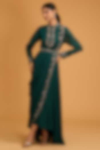 Bottle Green Georgette Draped Pleated Gown by Baidehi