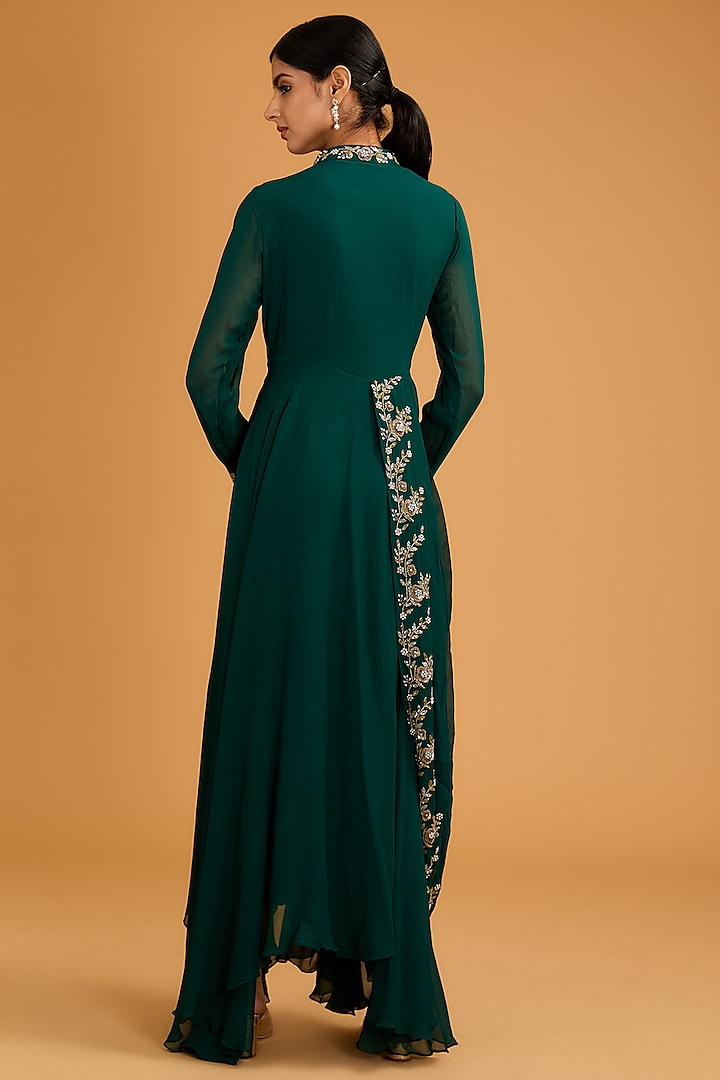 Bottle Green Georgette Draped Pleated Party Wear Gown by Baidehi at Pernia's Pop Up Shop
