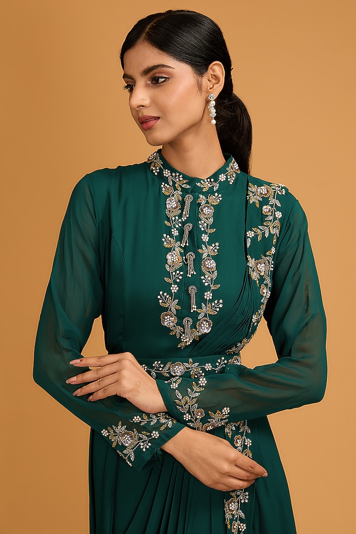 Bottle Green Georgette Draped Pleated Party Wear Gown by Baidehi at Pernia's Pop Up Shop