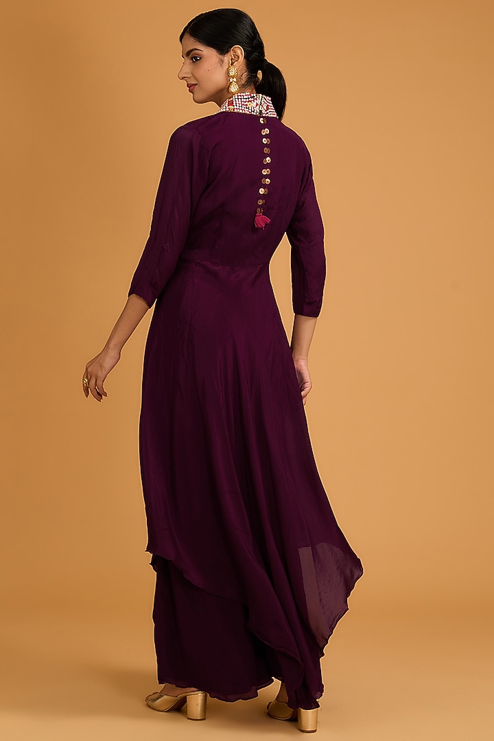 Wine Chinon Georgette Bead Embroidered Jacket Set by Baidehi at Pernia's Pop Up Shop