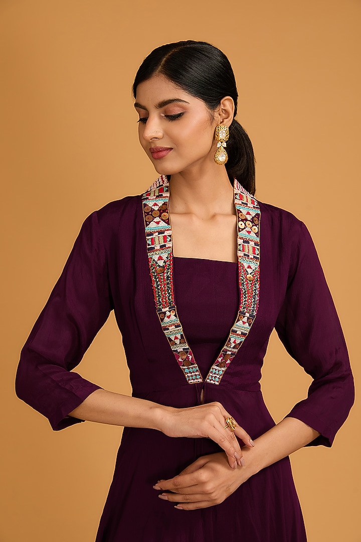 Wine Chinon Georgette Bead Embroidered Jacket Set by Baidehi at Pernia's Pop Up Shop