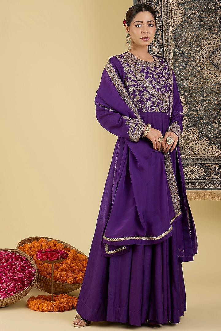 Purple Bemberg Silk Embroidered Wedding Anarkali Set by Baidehi at Pernia's Pop Up Shop