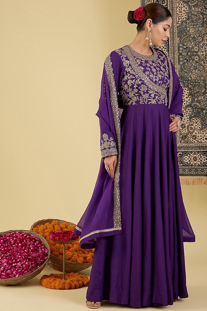 Purple Bemberg Silk Embroidered Wedding Anarkali Set by Baidehi at Pernia's Pop Up Shop