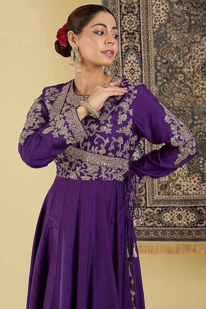 Purple Bemberg Silk Embroidered Wedding Anarkali Set by Baidehi at Pernia's Pop Up Shop
