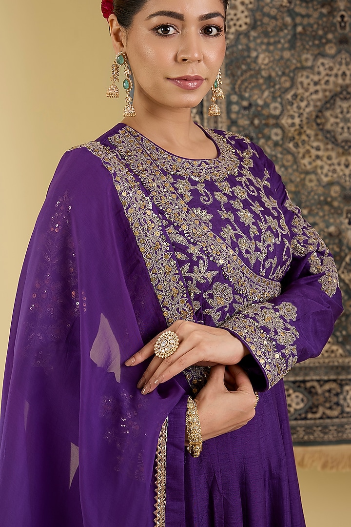 Purple Bemberg Silk Embroidered Wedding Anarkali Set by Baidehi at Pernia's Pop Up Shop