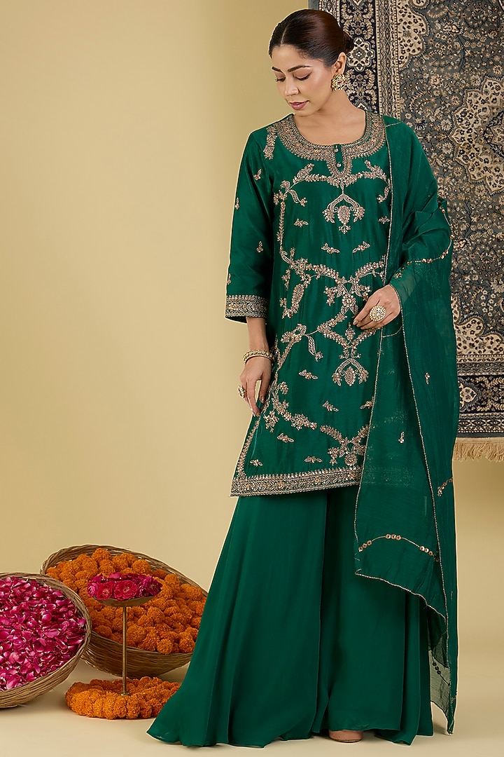 Bottle Green Georgette Party Wear Sharara Set by Baidehi at Pernia's Pop Up Shop