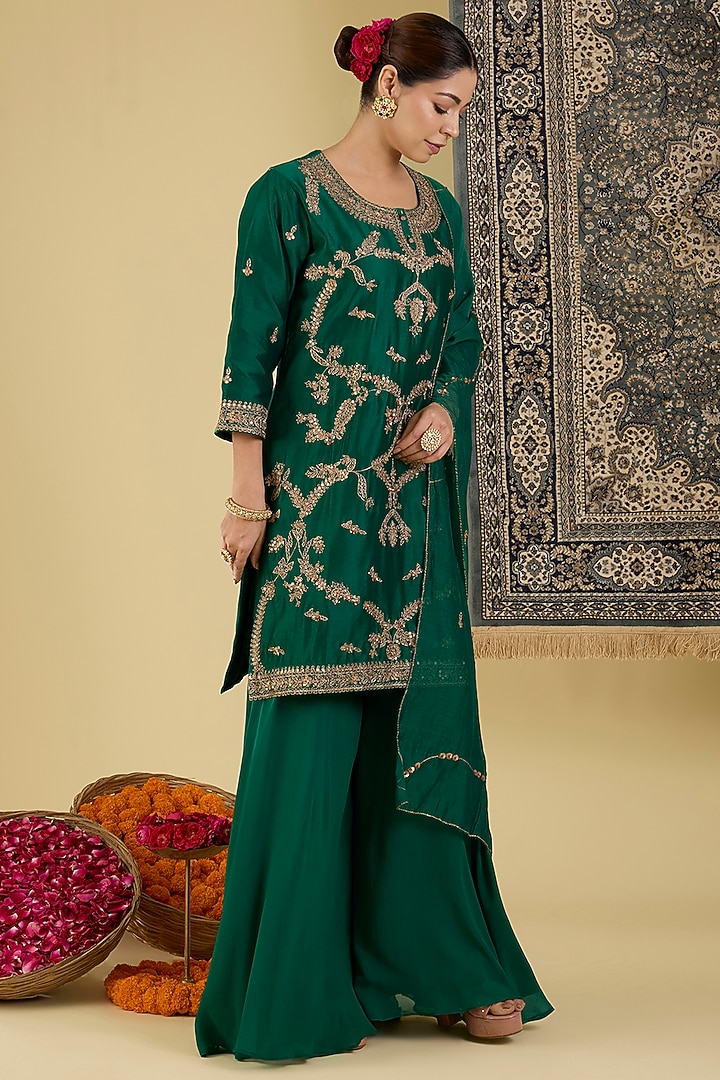 Bottle Green Georgette Party Wear Sharara Set by Baidehi at Pernia's Pop Up Shop