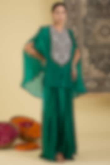 Emerald Green Italian Satin Draped Skirt Set by Baidehi at Pernia's Pop Up Shop