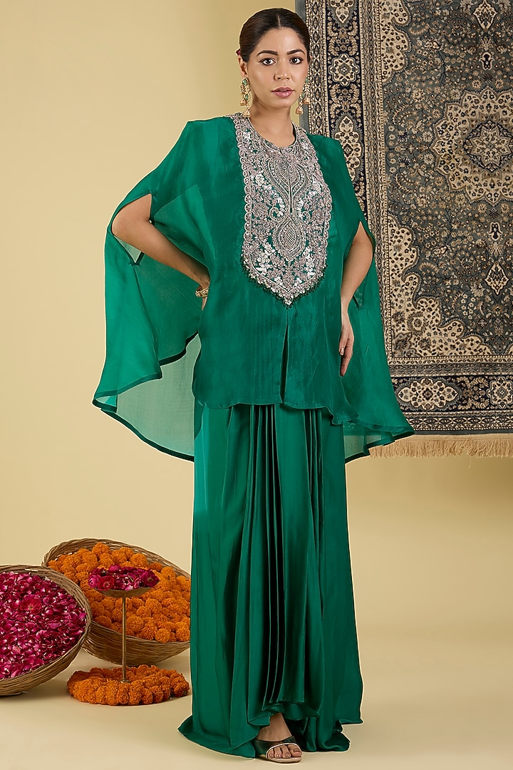 Emerald Green Italian Satin Draped Skirt Set by Baidehi at Pernia's Pop Up Shop