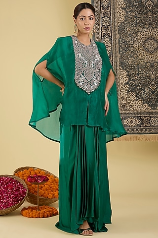 Emerald Green Italian Satin Draped Skirt Set by Baidehi