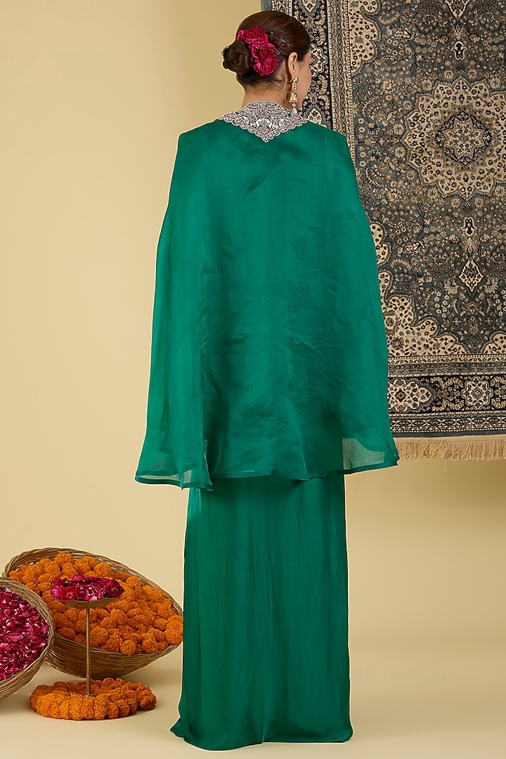 Emerald Green Italian Satin Draped Skirt Set by Baidehi at Pernia's Pop Up Shop