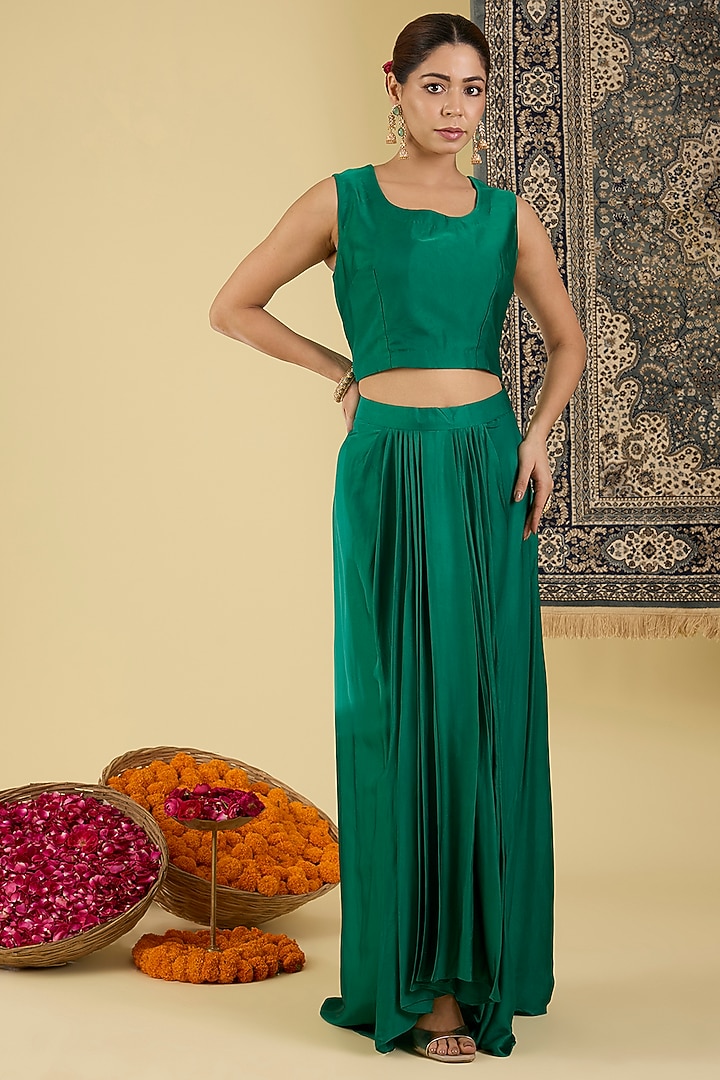 Emerald Green Italian Satin Draped Skirt Set by Baidehi at Pernia's Pop Up Shop