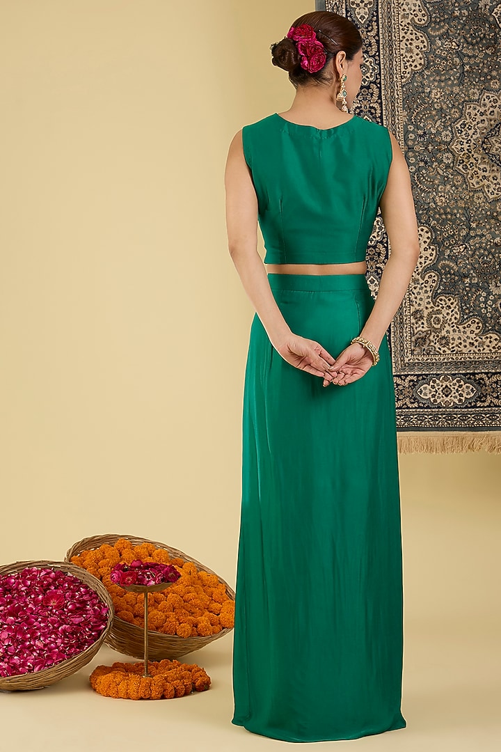 Emerald Green Italian Satin Draped Skirt Set by Baidehi at Pernia's Pop Up Shop