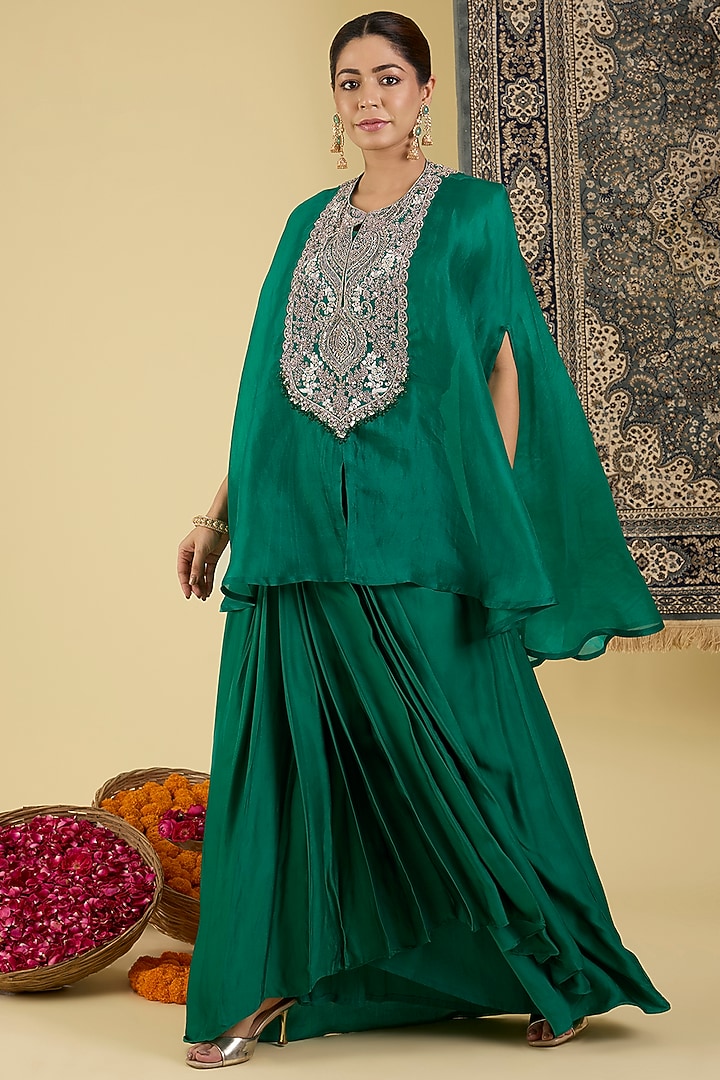 Emerald Green Italian Satin Draped Skirt Set by Baidehi at Pernia's Pop Up Shop