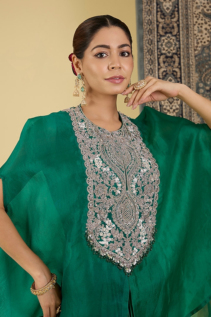 Emerald Green Italian Satin Draped Skirt Set by Baidehi at Pernia's Pop Up Shop