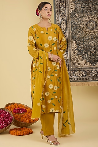 Mustard Pure Chanderi Floral Embroidered Kurta Set by Baidehi