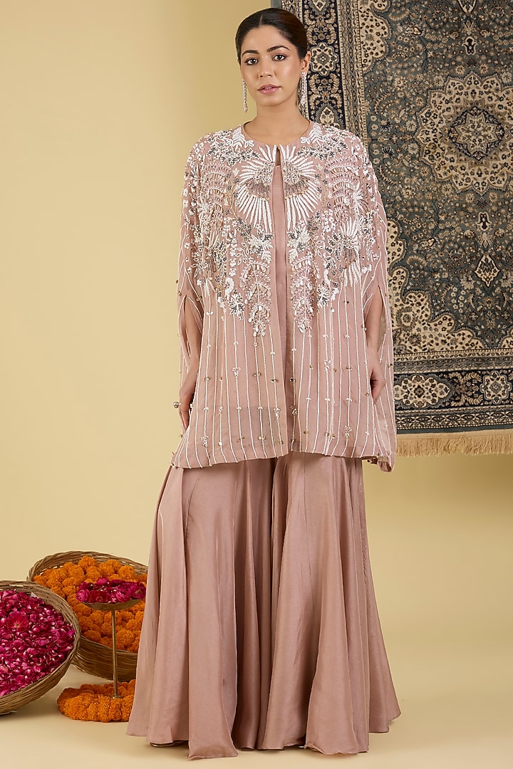 Soft Brown Organza Beads Work Cape Set by Baidehi at Pernia's Pop Up Shop