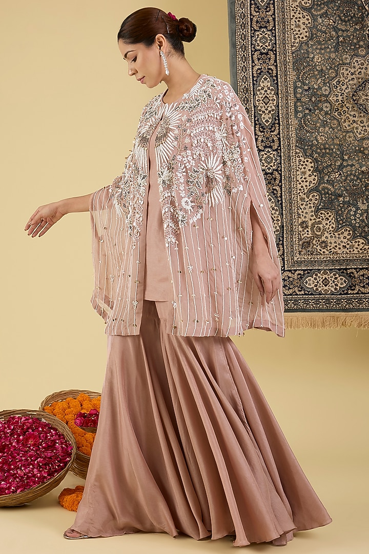 Soft Brown Organza Beads Work Cape Set by Baidehi at Pernia's Pop Up Shop