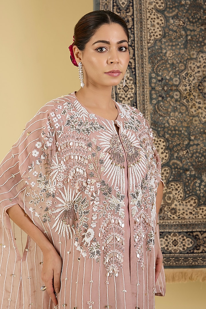 Soft Brown Organza Beads Work Cape Set by Baidehi at Pernia's Pop Up Shop