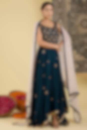 Deep Teal Bemberg Silk Floral Embroidered Party Wear Anarkali Set by Baidehi at Pernia's Pop Up Shop