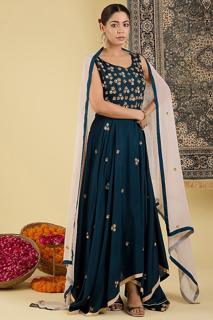 Deep Teal Bemberg Silk Floral Embroidered Party Wear Anarkali Set by Baidehi at Pernia's Pop Up Shop