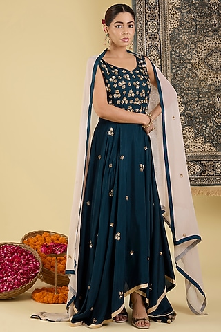 Deep Teal Bemberg Silk Floral Embroidered Anarkali Set by Baidehi