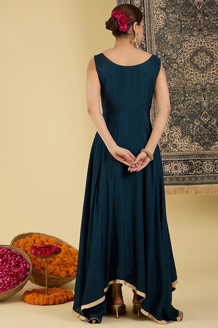 Deep Teal Bemberg Silk Floral Embroidered Party Wear Anarkali Set by Baidehi at Pernia's Pop Up Shop