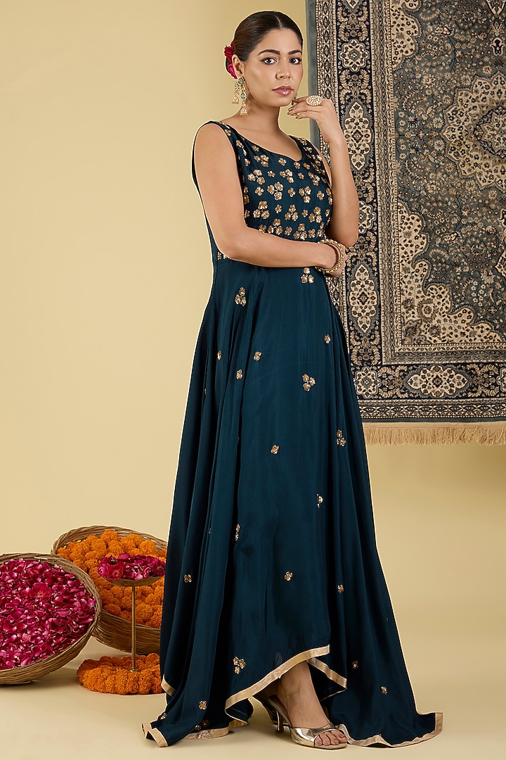 Deep Teal Bemberg Silk Floral Embroidered Party Wear Anarkali Set by Baidehi at Pernia's Pop Up Shop