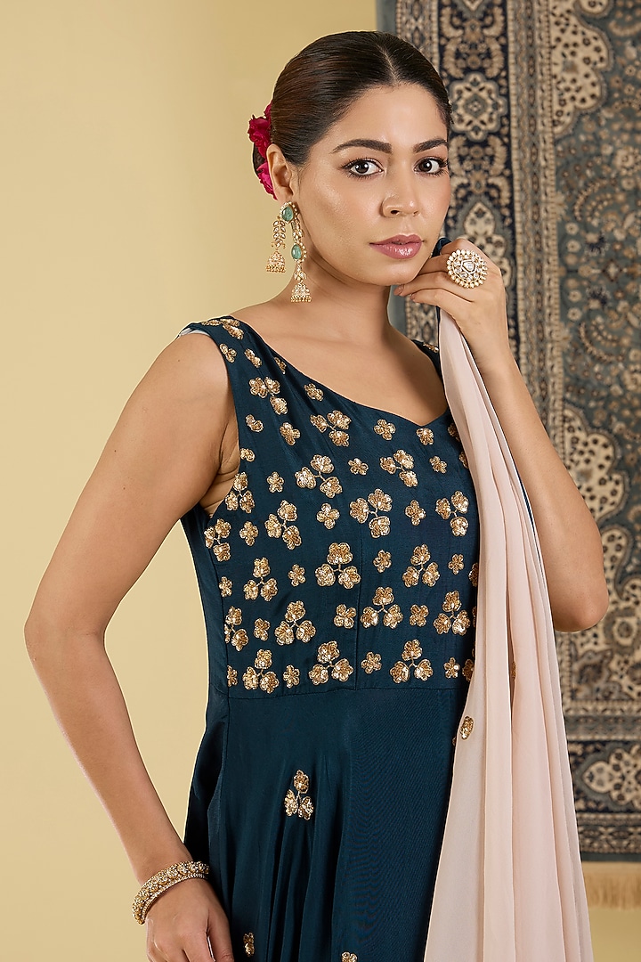 Deep Teal Bemberg Silk Floral Embroidered Party Wear Anarkali Set by Baidehi at Pernia's Pop Up Shop