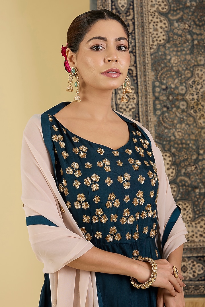 Deep Teal Bemberg Silk Floral Embroidered Party Wear Anarkali Set by Baidehi at Pernia's Pop Up Shop