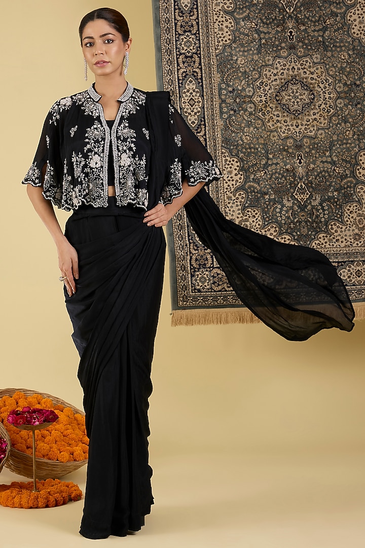 Black Chinon Georgette Draped Party Wear Saree Set by Baidehi at Pernia's Pop Up Shop