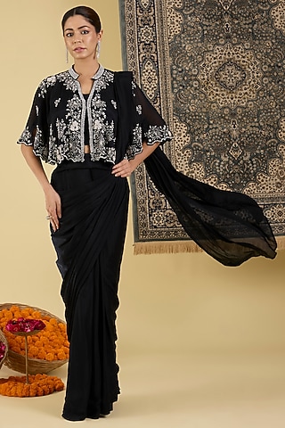 Black Chinon Georgette Draped Saree Set by Baidehi
