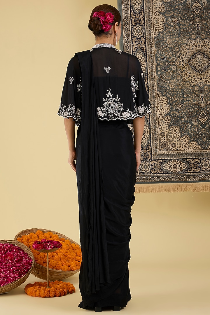 Black Chinon Georgette Draped Party Wear Saree Set by Baidehi at Pernia's Pop Up Shop