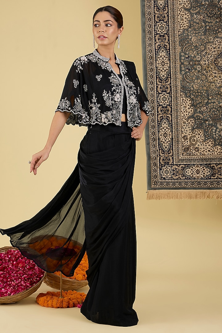 Black Chinon Georgette Draped Party Wear Saree Set by Baidehi at Pernia's Pop Up Shop