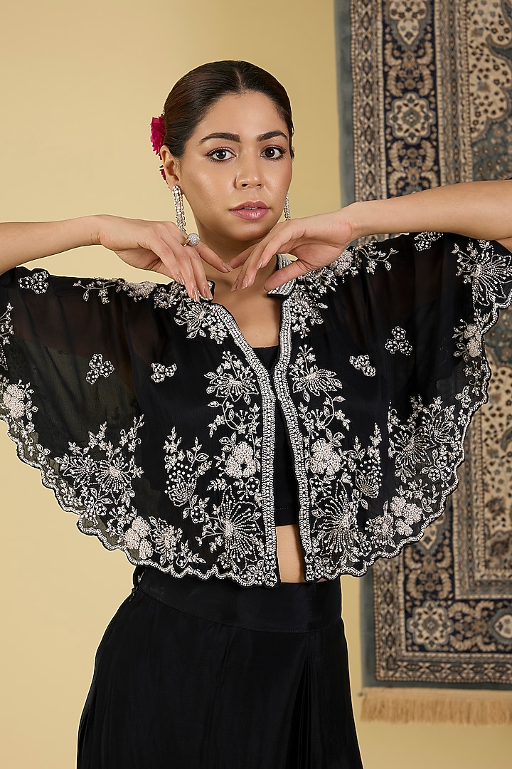 Black Chinon Georgette Draped Party Wear Saree Set by Baidehi at Pernia's Pop Up Shop
