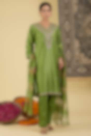Olive Green Pure Chanderi Motif Embroidered Kurta Set by Baidehi at Pernia's Pop Up Shop