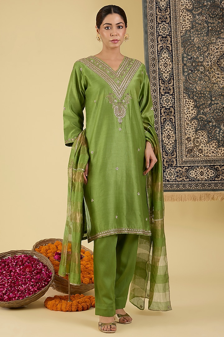 Olive Green Pure Chanderi Motif Embroidered Kurta Set by Baidehi at Pernia's Pop Up Shop