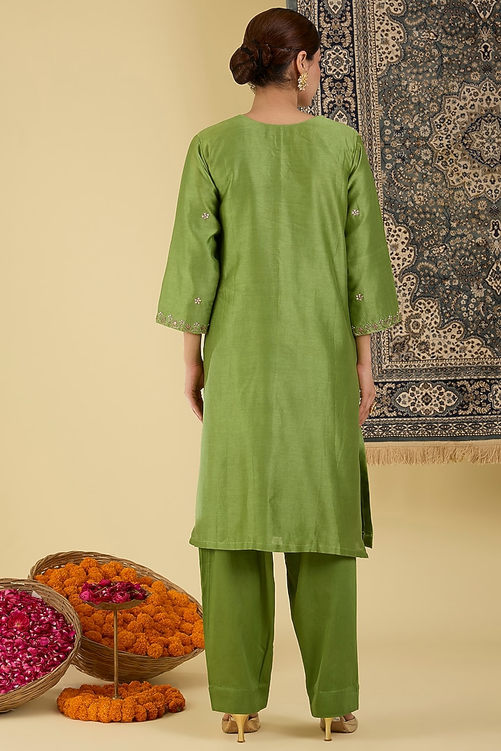 Olive Green Pure Chanderi Motif Embroidered Kurta Set by Baidehi at Pernia's Pop Up Shop