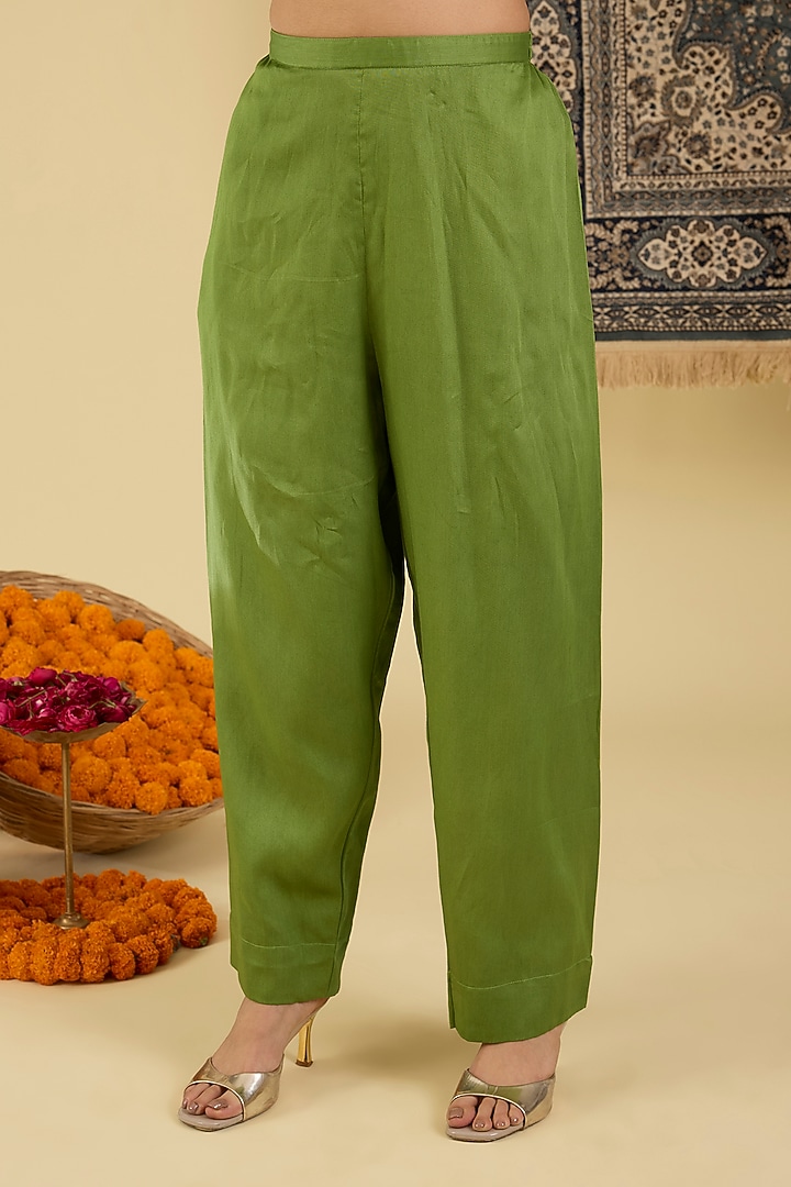 Olive Green Pure Chanderi Motif Embroidered Kurta Set by Baidehi at Pernia's Pop Up Shop