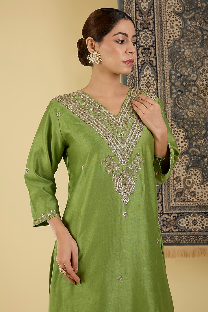 Olive Green Pure Chanderi Motif Embroidered Kurta Set by Baidehi at Pernia's Pop Up Shop