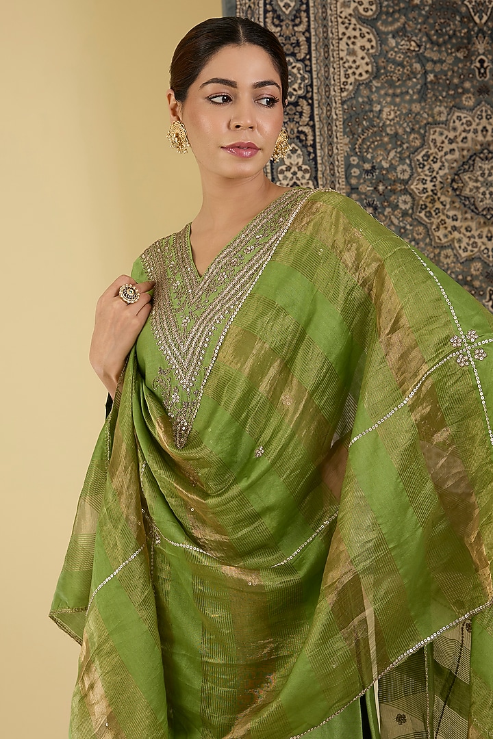 Olive Green Pure Chanderi Motif Embroidered Kurta Set by Baidehi at Pernia's Pop Up Shop
