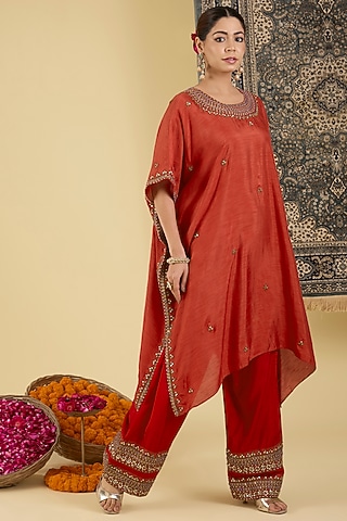 Ruby Red Bemberg Silk Embellished Kaftan Set by Baidehi