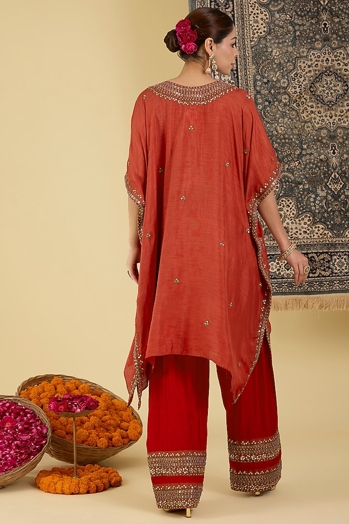 Ruby Red Bemberg Silk Embellished Kaftan Set by Baidehi at Pernia's Pop Up Shop
