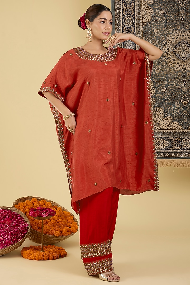 Ruby Red Bemberg Silk Embellished Kaftan Set by Baidehi at Pernia's Pop Up Shop