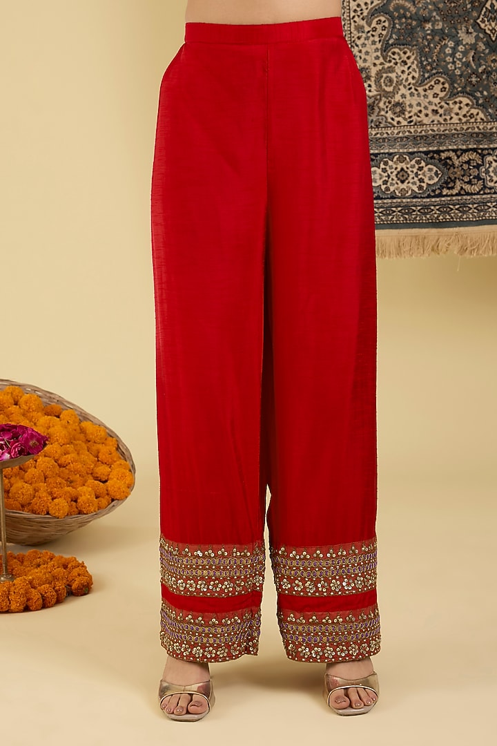 Ruby Red Bemberg Silk Embellished Kaftan Set by Baidehi at Pernia's Pop Up Shop
