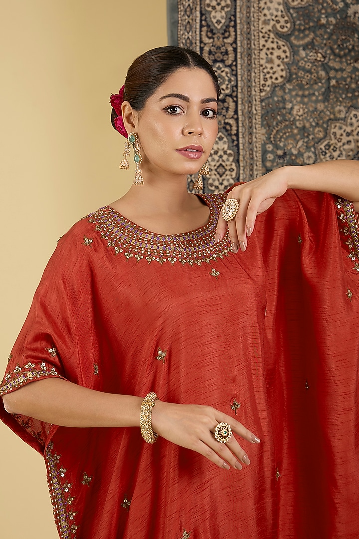 Ruby Red Bemberg Silk Embellished Kaftan Set by Baidehi at Pernia's Pop Up Shop
